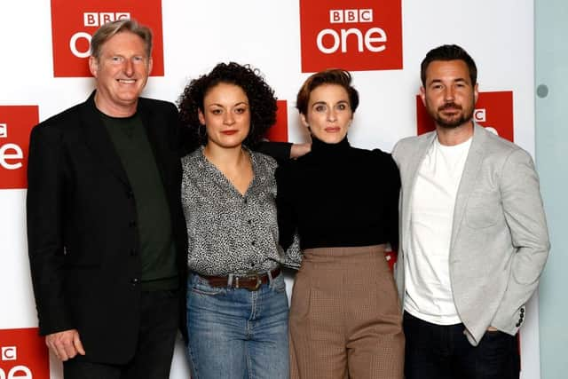 Adrian Dunbar, Rochenda Sandall, Vicky McClure and Martin Compston attend the "Line of Duty" photocall at BFI Southbank on March 18, 2019 in London, England. (Photo by John Phillips/Getty Images)