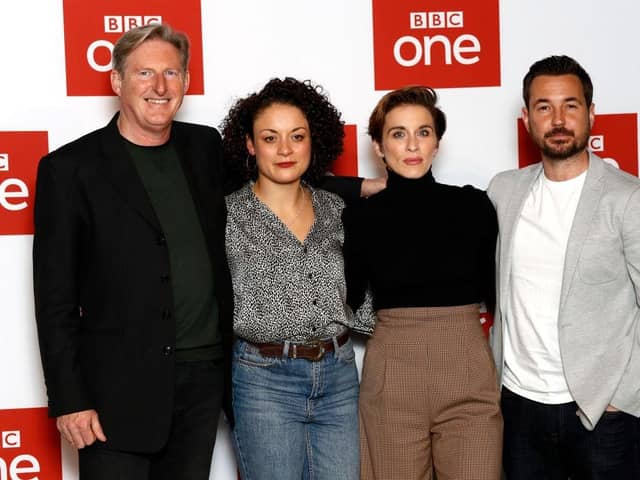 Adrian Dunbar, Rochenda Sandall, Vicky McClure and Martin Compston attend the "Line of Duty" photocall at BFI Southbank on March 18, 2019 in London, England. (Photo by John Phillips/Getty Images)