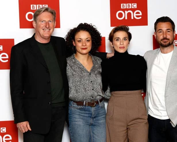 Adrian Dunbar, Rochenda Sandall, Vicky McClure and Martin Compston attend the "Line of Duty" photocall at BFI Southbank on March 18, 2019 in London, England. (Photo by John Phillips/Getty Images)