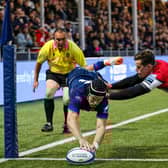 Edinburgh's Darcy Graham scores against Gloucester at Hive Stadium on his return to action after eight months out. (Photo by Ross Parker / SNS Group)