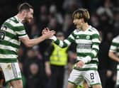 Celtic's Anthony Ralston (left) and Kyogo Furuhashi celebrate after the 4-2 win over Dundee United. (Photo by Rob Casey / SNS Group)