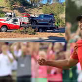 Tiger Woods has had surgery following a serious car crash which majorly damaged his vehicle (inset) (Credit: Getty Images/PA Media)