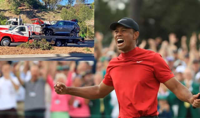 Tiger Woods has had surgery following a serious car crash which majorly damaged his vehicle (inset) (Credit: Getty Images/PA Media)