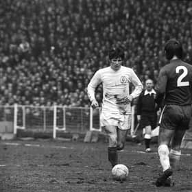 13th April 1970:  Dave Webb of Chelsea FC is forced to back off as Eddie Gray, the left winger for Leeds FC, runs at him with the ball during the FA Cup final. The final was drawn 2-2 and went to a replay which Chelsea won 2-1.  (Photo by Central Press/Getty Images)