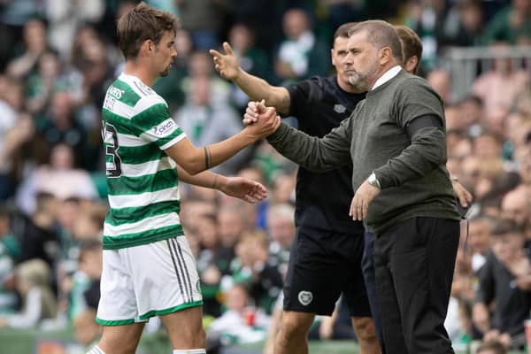 Celtic manager Ange Postecoglou with midfielder Matt O'Riley. (Photo by Craig Williamson / SNS Group)