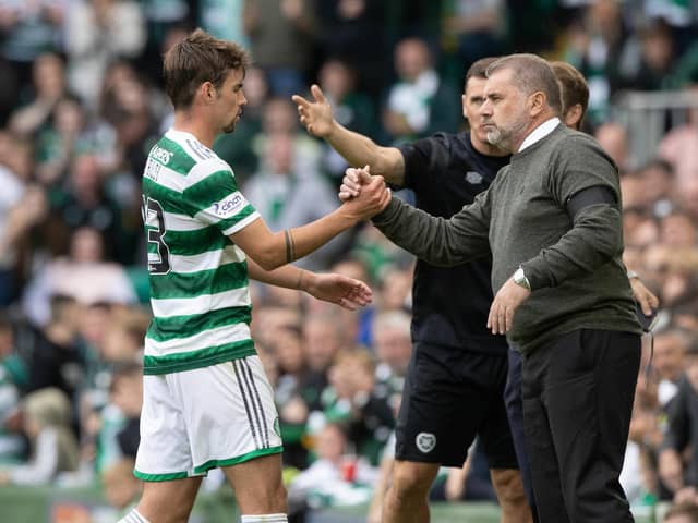 Celtic manager Ange Postecoglou with midfielder Matt O'Riley. (Photo by Craig Williamson / SNS Group)