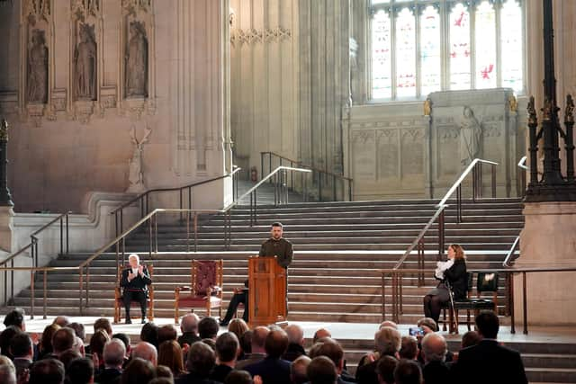 Ukrainian President Volodymyr Zelensky addresses parliamentarians in Westminster Hall, London, during his first visit to the UK since the Russian invasion of Ukraine.