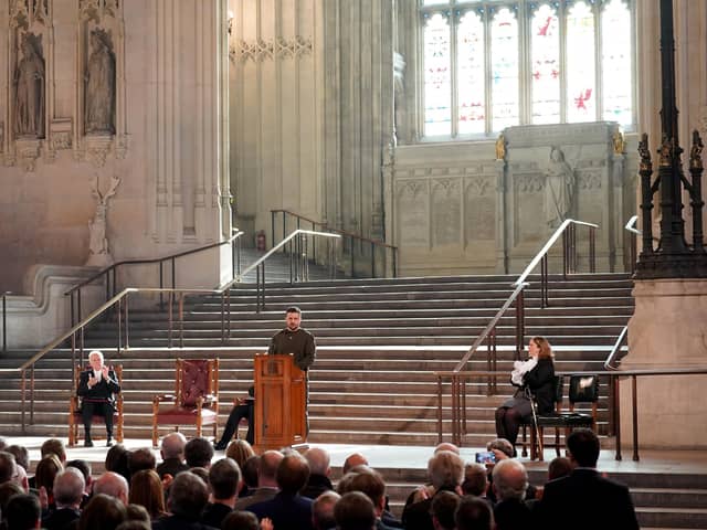Ukrainian President Volodymyr Zelensky addresses parliamentarians in Westminster Hall, London, during his first visit to the UK since the Russian invasion of Ukraine.