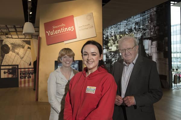 Mhairi Maxwell, V&A Dundee curator, with Andrew Valentine and Stephanie Kerr of People’s Postcode Lottery at the Sincerely, Valentines exhibition at V&A Dundee. Picture: Alan Richardson