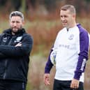 Hibs assistant manager Adam Owen (right) with manager Lee Johnson. (Photo by Ross Parker / SNS Group)
