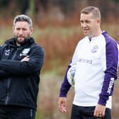 Hibs assistant manager Adam Owen (right) with manager Lee Johnson. (Photo by Ross Parker / SNS Group)