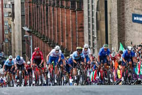 Cyclists climb Montrose Street in Glasgow during the UCI Cycling Championship men's elite road race, on Sunday. (Picture: Ross MacDonald/SNS Group)