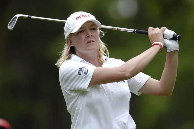 Proudly displaying the Turnberry logo at the time, Mhairi McKay competes in the final-round of the 2004 McDonald's LPGA Championship at DuPont Country Club in Wilmington, Delaware. Picture: Getty Images.
