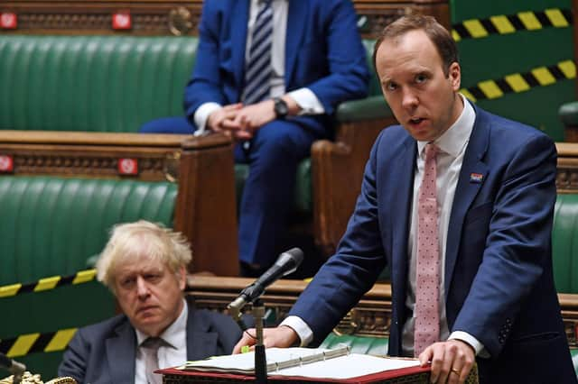 British Prime Minister Boris Johnson in private WhatsApp exchanges slammed Health Minister Matt Hancock's "hopeless" handling of the pandemic. PIC: Jessica Taylor.