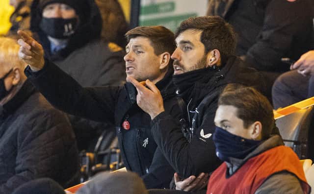 Rangers Manager Steven Gerrard in the stand after being shown a red card during a Scottish Premiership match between Livingston and Rangers at The Tony Macaroni Arena, on March 03, 2021, in Livingston, Scotland. (Photo by Alan Harvey / SNS Group)