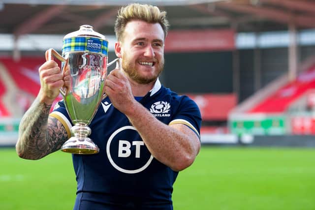 Stuart Hogg with the Doddie Weir Cup after Scotland's win in Wales. Picture: Craig Williamson/SNS