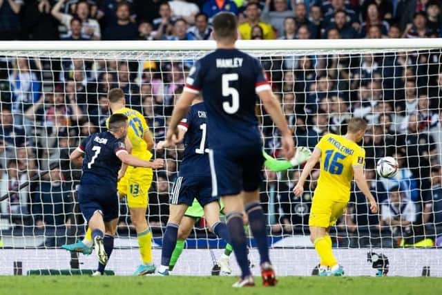 John McGinn heads wide from close range during Scotland's World Cup play-off semi-final defeat against Ukraine at Hampden on June 1. (Photo by Alan Harvey / SNS Group)