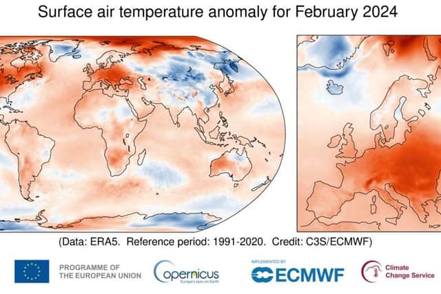 This graphic shows extremes of temperature recorded across the world in February 2024. Picture: Copernicus