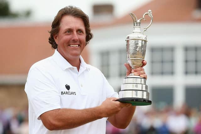 Phil Mickelson holds the Claret Jug after winning the 142nd Open Championship at Muirfield in 2013. Picture: Andrew Redington/Getty Images.