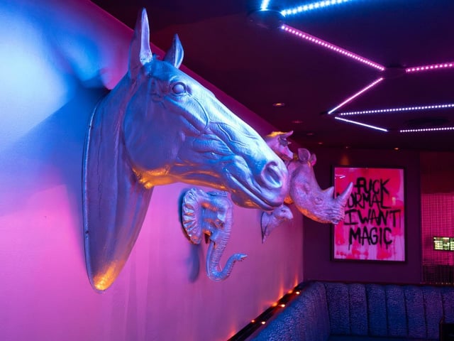 An array of animal heads line walls.
