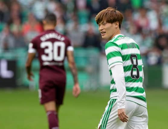 Kyogo Furuhashi in action for Celtic during the Premier Sports Cup match between Celtic and Heart of Midlothian. (Photo by Craig Williamson / SNS Group)