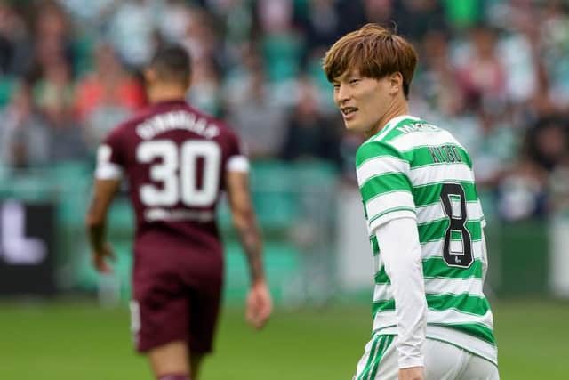 Kyogo Furuhashi in action for Celtic during the Premier Sports Cup match between Celtic and Heart of Midlothian. (Photo by Craig Williamson / SNS Group)