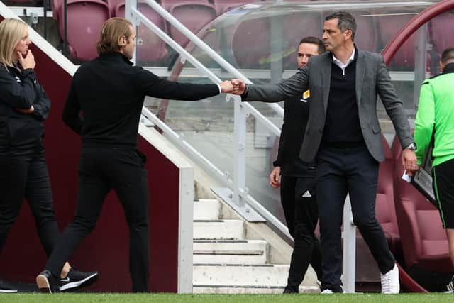 Robbie Neilson and Jack Ross at the end of a recent Edinburgh derby.