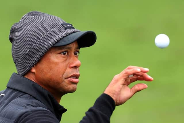 Tiger Woods catches a ball on the practice area during the third round of the 2023 Masters at Augusta National in April - his latest competitive appearance. Picture: Andrew Redington/Getty Images.