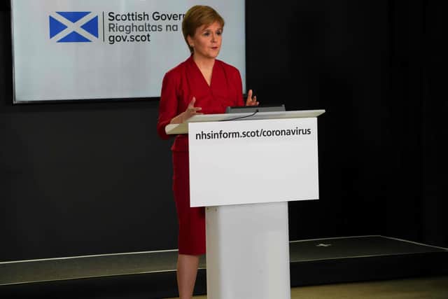 At a briefing at St Andrew's House in Edinburgh, First Minister Nicola Sturgeon said that 162 people were in intensive care with Covid-19. (Photo by HANDOUT/Scottish Government/AFP via Getty Images)