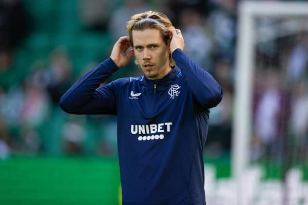 Rangers' Todd Cantwell warms up before the 3-2 defeat at Celtic Park.  (Photo by Alan Harvey / SNS Group)