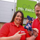Jollyes chief executive Joe Wykes (right) and regional manager Sarah Farrar (left) outside Penparc's Telford store.