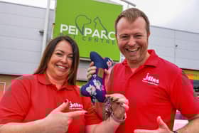 Jollyes chief executive Joe Wykes (right) and regional manager Sarah Farrar (left) outside Penparc's Telford store.