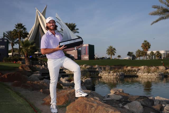 Dubai-based Tommy Fleetwood poses with the trophy after winning the Dubai Invitational at Dubai Creek Golf and Yacht Club.Picture: Warren Little/Getty Images.
