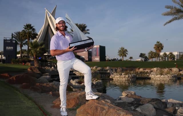 Dubai-based Tommy Fleetwood poses with the trophy after winning the Dubai Invitational at Dubai Creek Golf and Yacht Club.Picture: Warren Little/Getty Images.