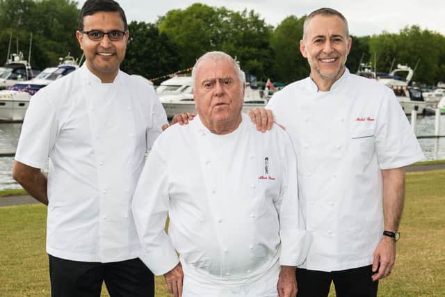 Chefs Atul Kochhar, Albert Roux and Michel Roux Jr at of The Henley Festival in 2015 in Henley-on-Thames, England. (Photo by Ian Gavan/Getty Images)