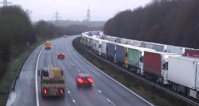 Lorries parked on the M20 in Kent after the Port of Dover was closed