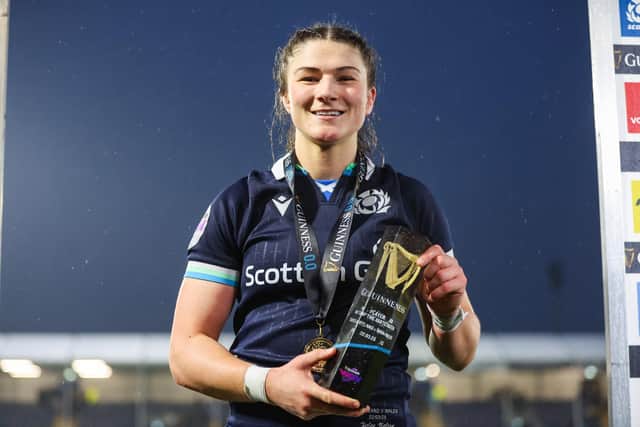 Scotland's Helen Nelson recieves the player of the match award after the win over Wales. (Photo by Ewan Bootman / SNS Group)