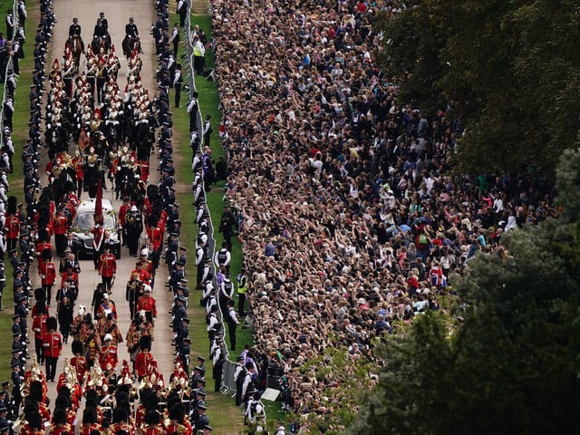 The Ceremonial Procession of the coffin of Queen Elizabeth II travels down the Long Walk as it arrives at Windsor Castle for the Committal Service at St George's Chapel. Picture date: Monday September 19, 2022.