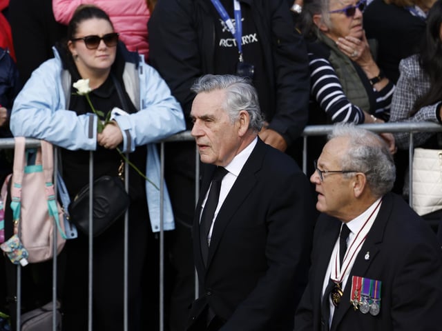 Former prime minister Gordon Brown near Mercat Cross ahead of the procession of Queen Elizabeth II's coffin from the Palace of Holyroodhouse to St Giles' Cathedral, Edinburgh, following her death on Thursday. Picture date: Monday September 12, 2022.