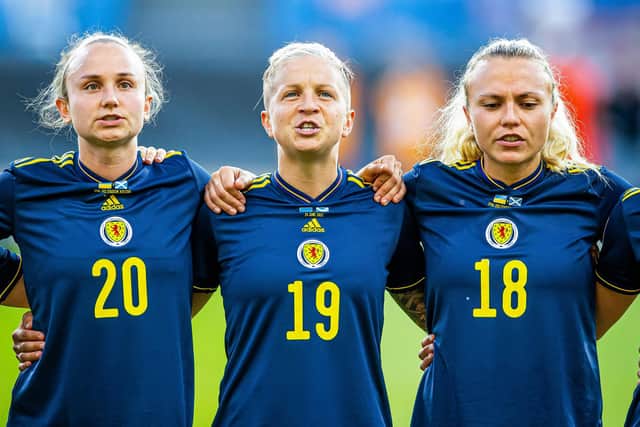 Claire Emslie's (right) early strike looked like it was enough to grab Scotland a draw in the Netherlands, but it wasn't to be. (Photo by Lukasz Skwiot / SNS Group)