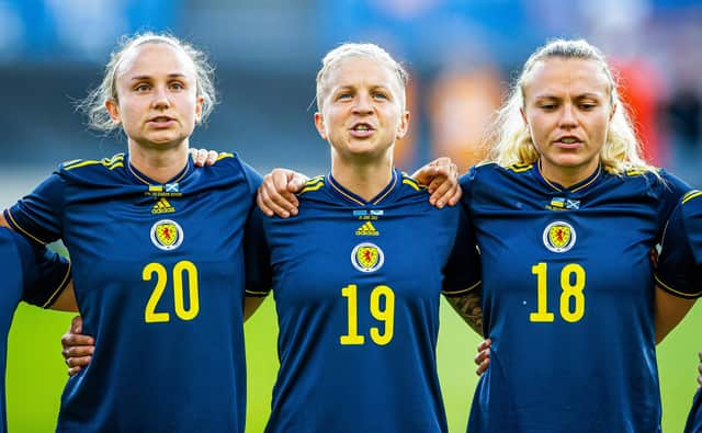 Claire Emslie's (right) early strike looked like it was enough to grab Scotland a draw in the Netherlands, but it wasn't to be. (Photo by Lukasz Skwiot / SNS Group)