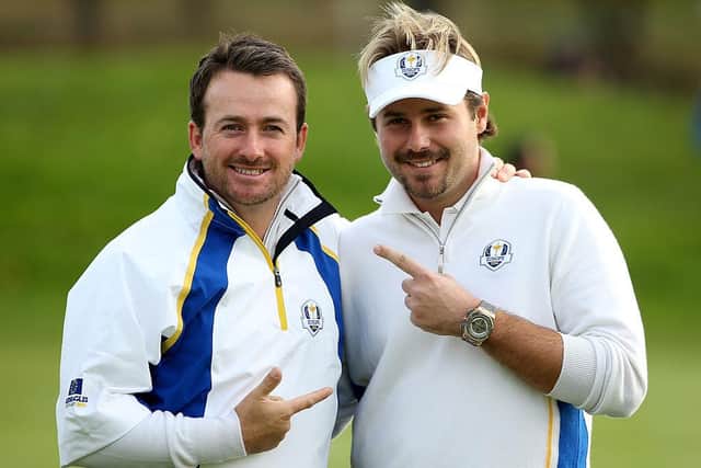 Graeme McDowell and Victor Dubuisson celebrate a foursomes victory during the 2014 Ryder Cup at Gleneagles. Picture: Ross Kinnaird/Getty Images.