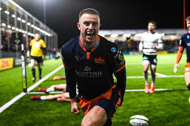 Edinburgh's Freddie Owsley celebrates his second half try against CA Brive.