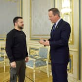 Ukraine's president Volodymyr Zelensky (left) and foreign secretary David Cameron talking ahead of their meeting in Kyiv. Picture: AFP via Getty Images