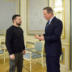 Ukraine's president Volodymyr Zelensky (left) and foreign secretary David Cameron talking ahead of their meeting in Kyiv. Picture: AFP via Getty Images