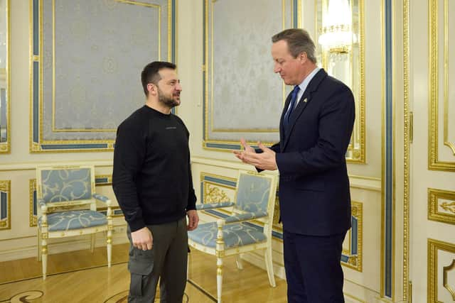 Ukraine's president Volodymyr Zelensky (left) and foreign secretary David Cameron talking ahead of their meeting in Kyiv. Picture: AFP via Getty Images