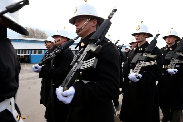 Royal Marines. The Royal Navy's Ceremonial Guard in their final rehearsal for their duties at the Cenotaph in London, on Remembrance Sunday. They were photographed at Whale Island, Portsmouth. Picture: Chris Moorhouse   (jpns 101121-11)