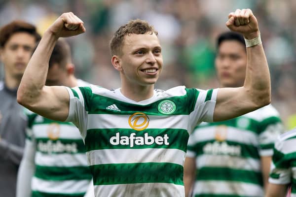 Celtic's Alistair Johnston celebrates last weekend's win over Rangers.