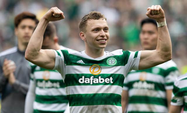 Celtic's Alistair Johnston celebrates last weekend's win over Rangers.