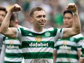 Celtic's Alistair Johnston celebrates last weekend's win over Rangers.